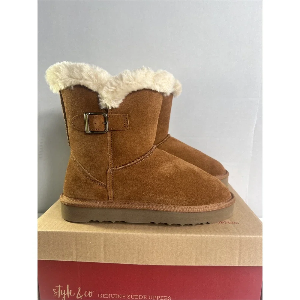 Style & Co Tiny2 Chestnut Genuine Suede Winter Boots Faux Leather w/ Box Size 6M